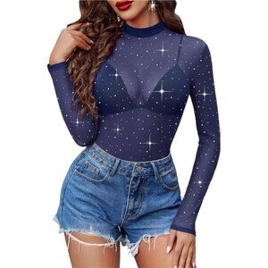 Mesh Top Women Rhinestone Sheer Tops